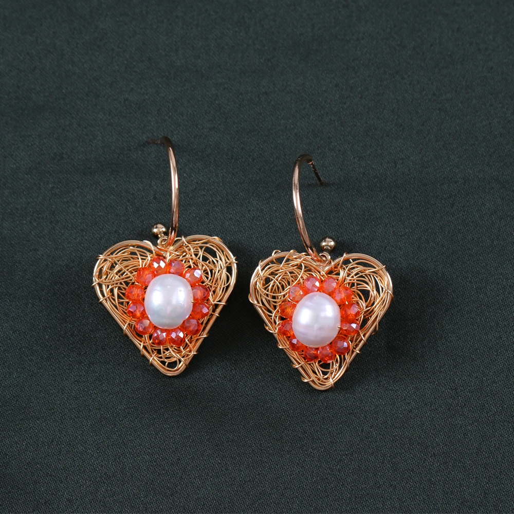 

LANFLORA fashion Crystal handmade women earrings Freshwater Pearl earrings copper alloy heart earrings free shipping
