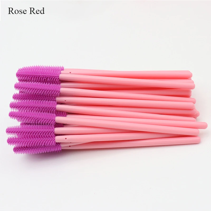 Rose Red Синтетическая щетка для ресниц, пластиковая ручка, одноразовая щетка для бровей, разноцветная силиконовая головка, набор инструментов для макияжа - Handle Color: Rose Red