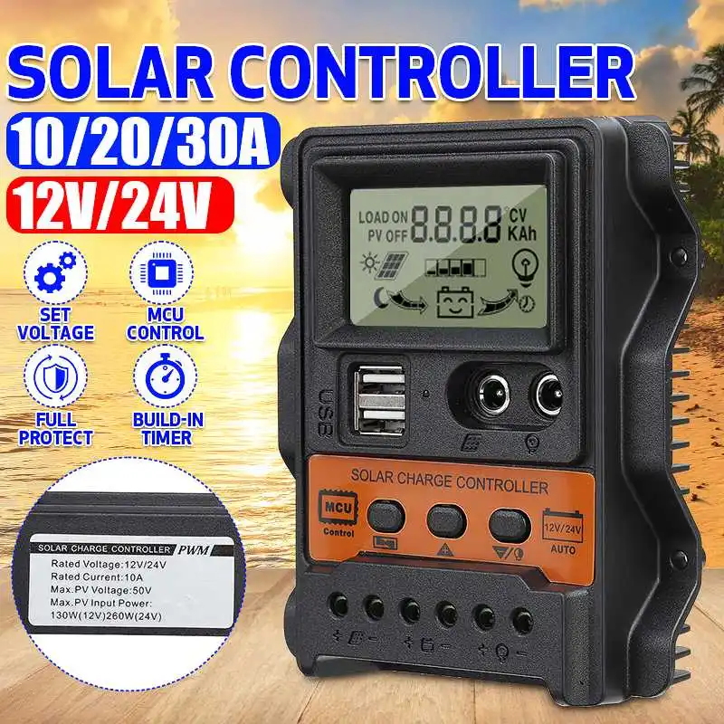 

10A 20A 30A Auto Solar Charge Controller LCD Dual USB Solar Panel Regulator Dual USB Voltage Charger 12V 24V Power Controller