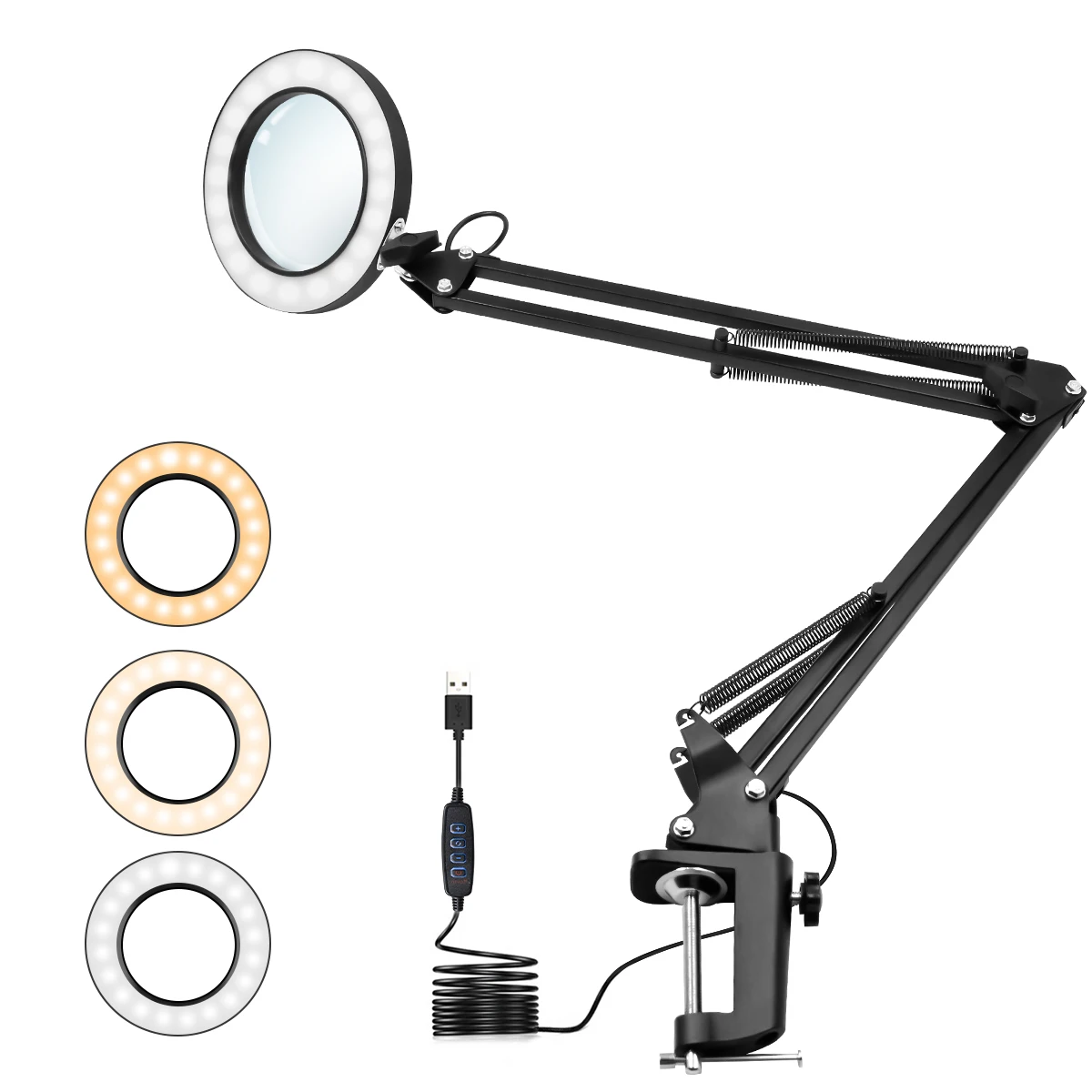 

LED Magnifying Lamp Metal Swing Arm Magnifier Lamp Stepless Dimming 3 Color Modes 5X Magnification 4.1" Diameter Glass Lens