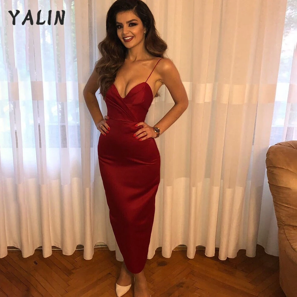 Burgundy Mermaid Cocktail Party Dresses Long Sexy Skin Tight Spaghetti Strap Evening Gowns For Women Robe De Soiree De Mariage  - buy with discount