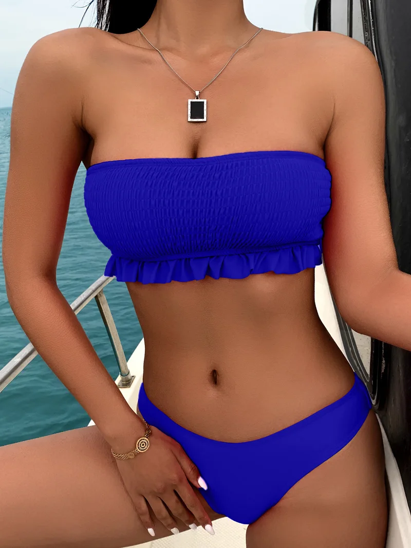 

SleeWIM Women's Swimwear 2021 Blue Sexy Ribbed Feminine Bikinis With Folds Low Waist Sleeveless Fashion Beach Bathing Suit Girl