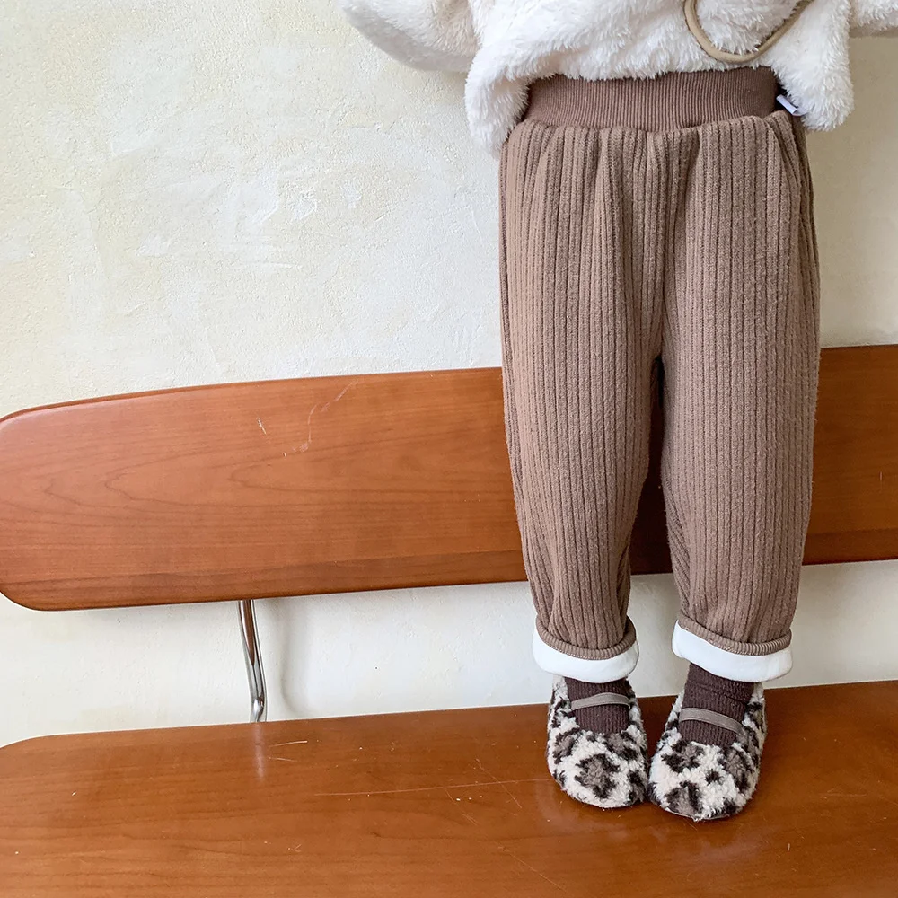 

Winter girls solid color loose inner fleece thicken trousers baby girl fashion 4 colors thick warm pants