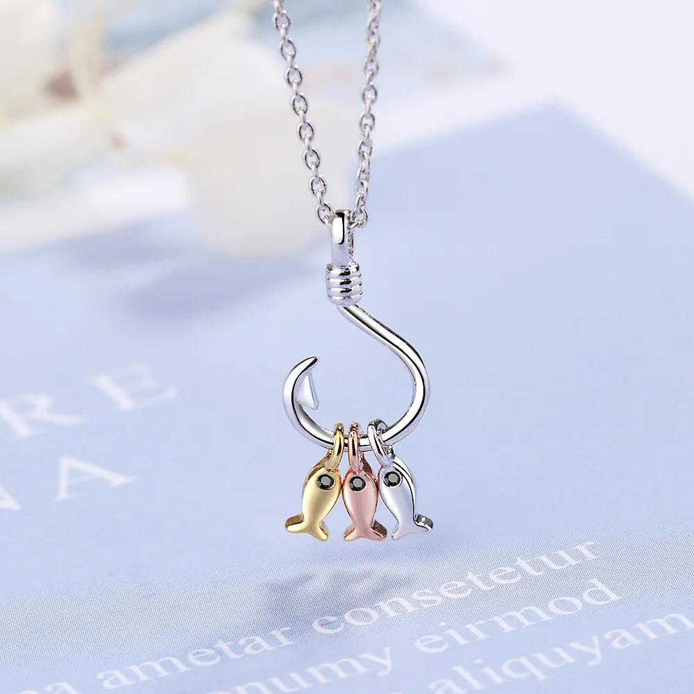 

Simple Fishhook Pendant Necklace For Women 925 Sterling Silver Rose Gold Three Small Fish Chain Accesories Women's Jewelry