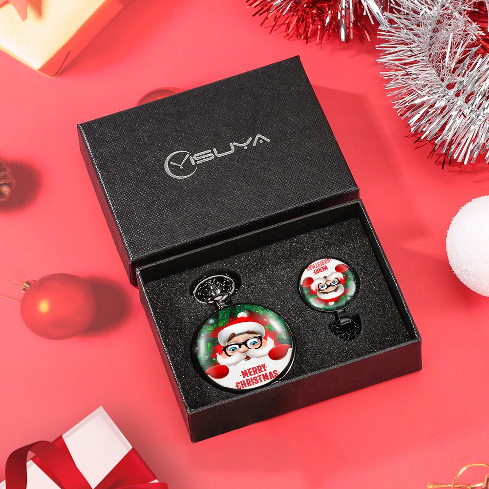 Pocket Watch Suit Santa Claus Quartz Black Pendant Clock Arabic Numerals Dial Necklace Alloy Necklace Gifts Box for Son Kid
