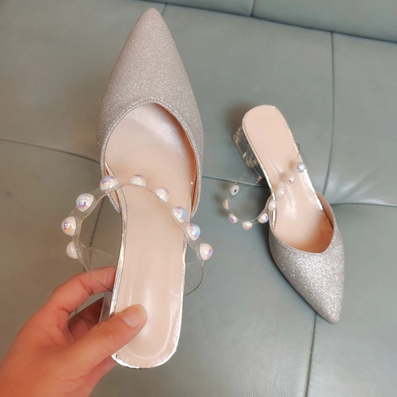 

Rimocy Shiny Sequined Pointed Toe Slippers Women Transparent Pvc Crystal Heel Sandals Woman Fashion Pearl Summer Slides Female