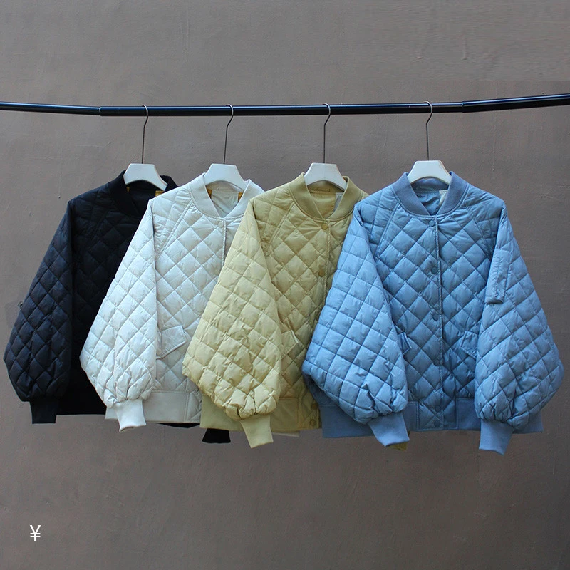 

Women's spring and autumn slim Standing collar down jacket warm long-sleeved jacket buttons Diamond lattice light winter jacket
