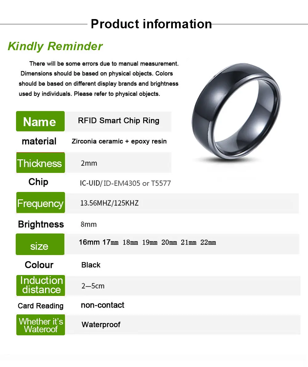 RFID 125KHZ or 13.56MHZ Black Ceramics Smart Finger Ring Wear for Men or Women