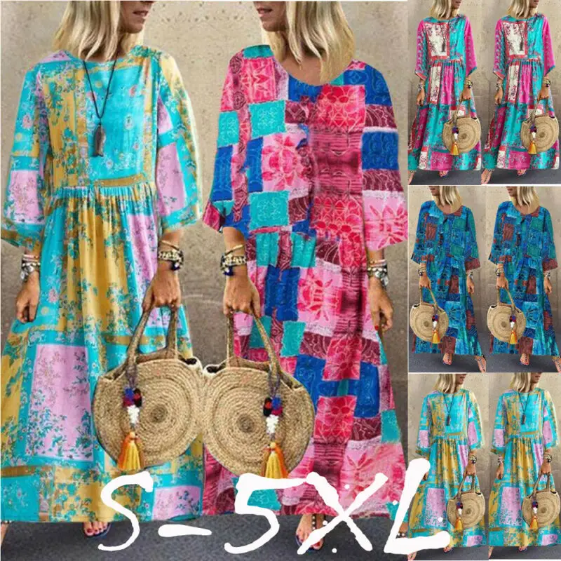 Женское длинное пляжное платье макси в стиле бохо Повседневная Туника кафтан с