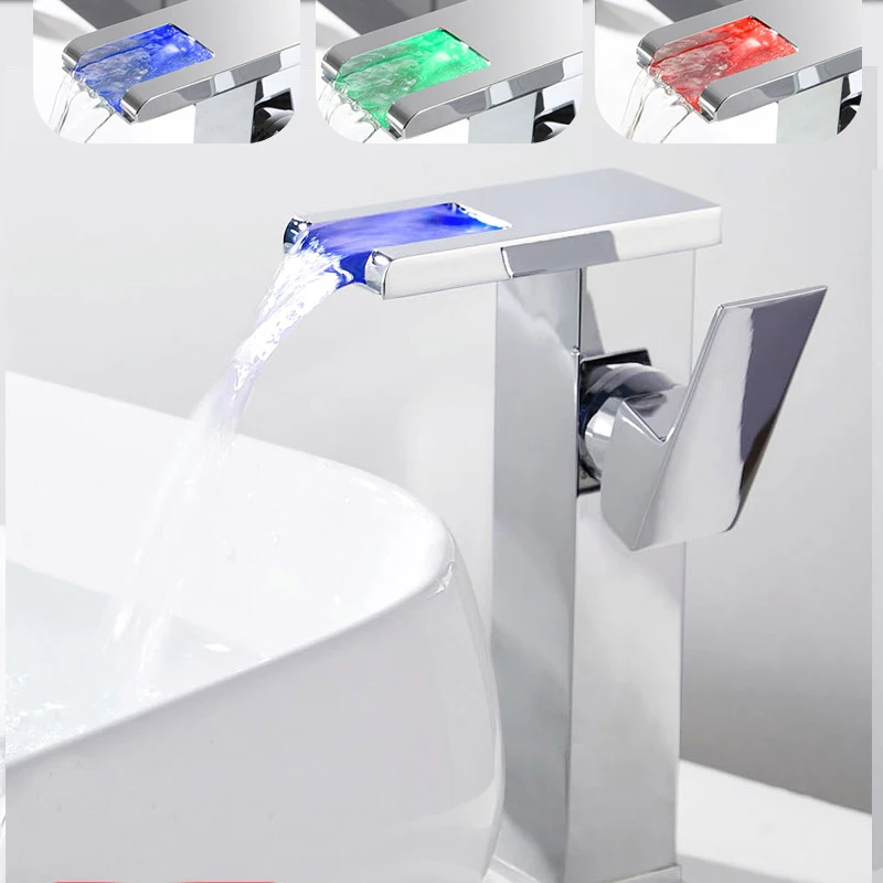 

LED Basin Faucet Bathroom Three-Color Discoloration Waterfall Basin Faucet Water Temperature Control Toilet Sink Mixer Taps