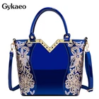 Gykaeo 2022, Европейская и американская Сумка-тоут с цветочной вышивкой, женская синяя сумка-мессенджер из лакированной кожи, сумка через плечо