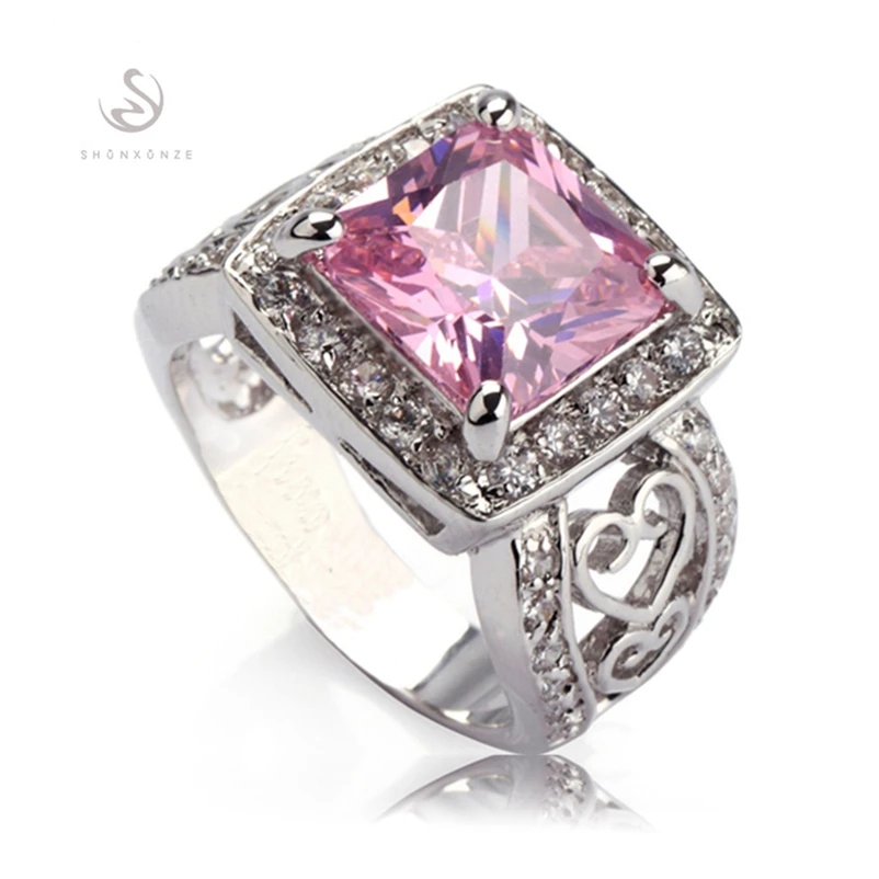 

SHUNXUNZE Bohemia Wedding rings Jewelry & Accessories for women dropshipping Pink Cubic Zirconia Rhodium Plated R371 size 6 7 9