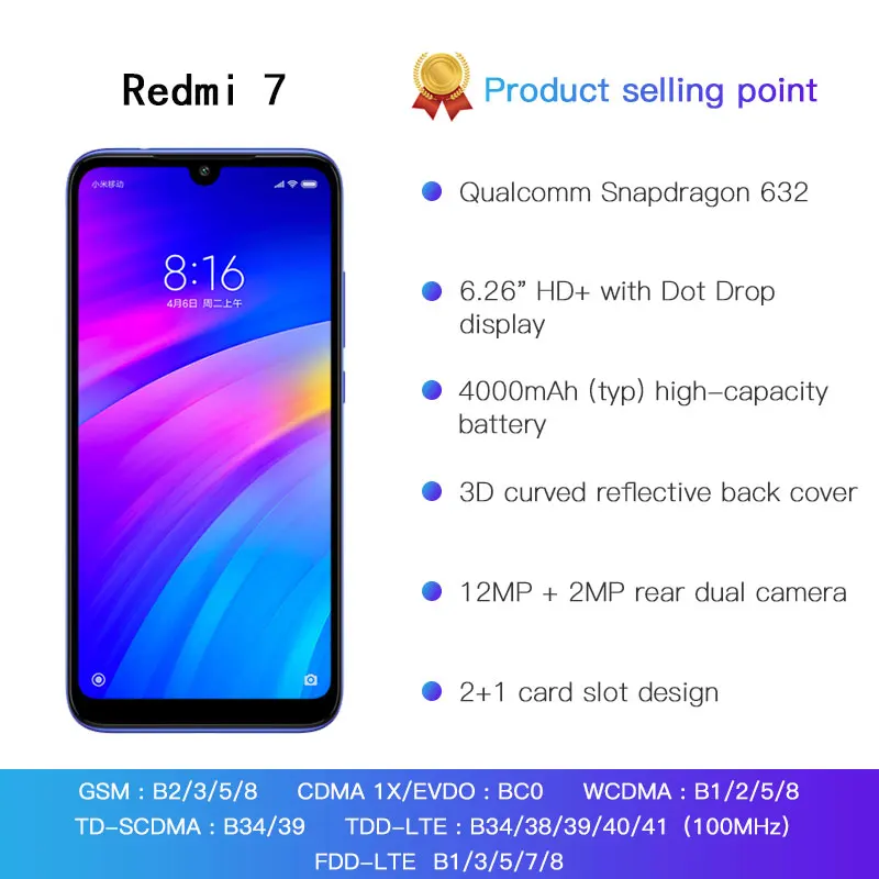 Смартфон Xiaomi Redmi 7 с глобальной прошивкой 4 ГБ 64 Восьмиядерный процессор Snapdragon 632