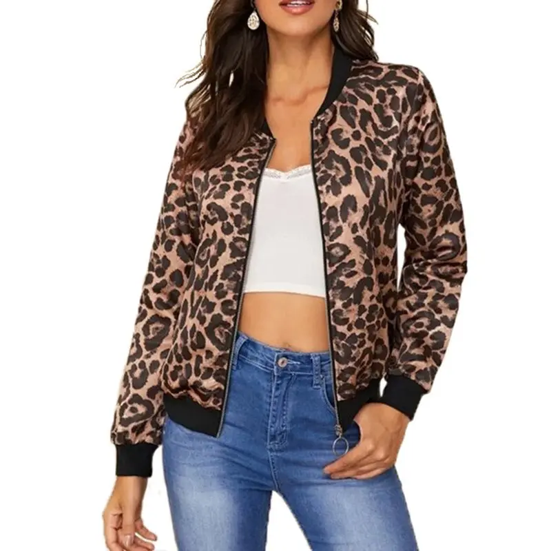 Женская бейсбольная куртка с леопардовым принтом длинным рукавом на молнии