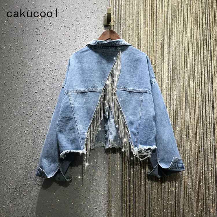 

Cakucool New Denim Jacket Diamonds Tassels Women's Jeans Korean Loose Jacket Beading Back Slit Coat Chic Girls Outerwear Black