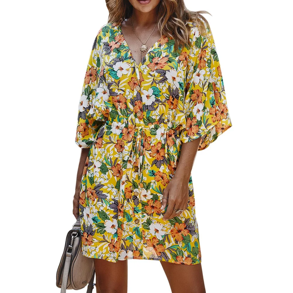 

Women summer V neck button Casual Loose Dress Bandage Floral Flower Print Boho Beach Holiday Dress