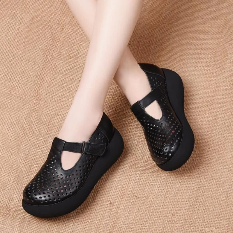 Women Flat Platform Shoes Wedges Ladies Shoes 2020 Summer Hollow Style Sandals Handmade Genuine Leather Comfortable Casual Shoes
