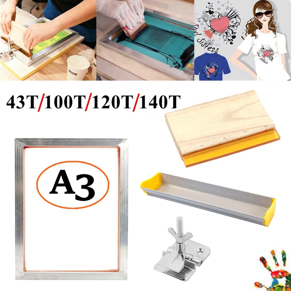 

A3 Screen Printing Kit Aluminum Frame Stretched With 120M/350M Mesh, Hinge Clamp, Emulsion Scoop Coater, Squeegee Board Set