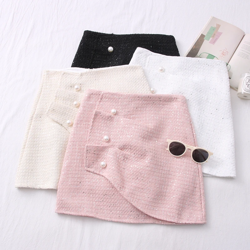 

Tweed Skirts for Women Solid High Waist Slimming Skirts Autumn Spring 2021 Buttons Double Breasted Tweed Wool Mini Skirt