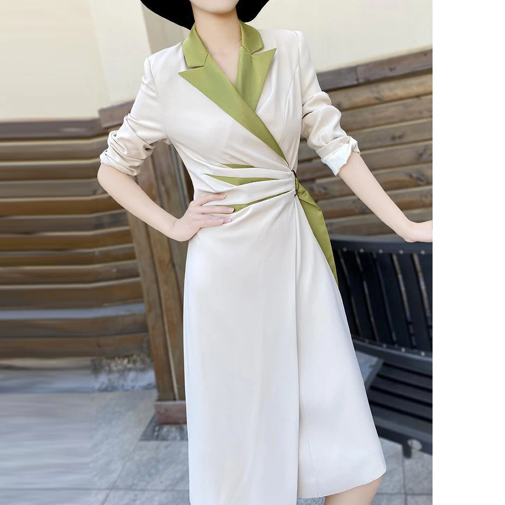 

2021 autumn new goddess fan temperament tie-up suit collar contrast stitching imitation acetic acid trench coat dress female