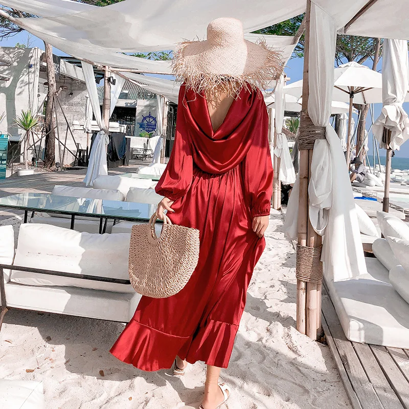 Женское атласное Макси платье с открытой спиной Элегантное летнее пляжное v