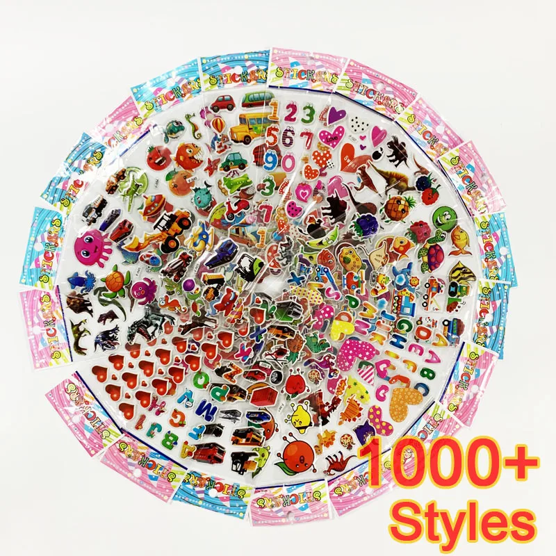 12 Sheets/Pack 3D Cartoon Stickers Scrapbooking Waterproof Bubble PVC DIY Sticker Toys Kawaii Princess Car Girls Boys Kids Gift