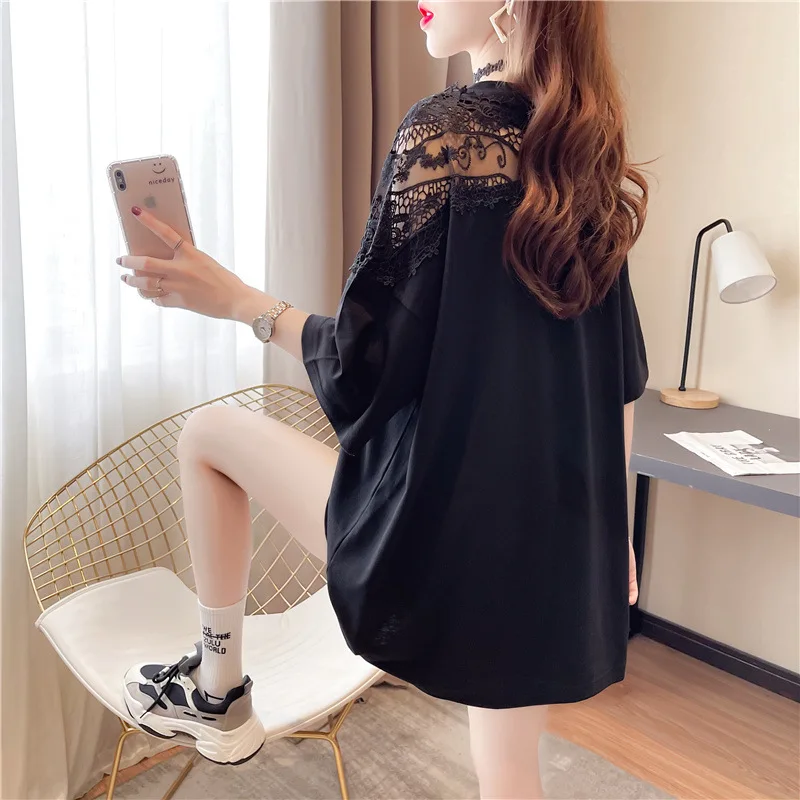 

Lace Patchwork Short Sleeved T Shirt Women's 2021 Korean Style Summer Loose Shirt Female Mid Length Bottoming Shirt Top