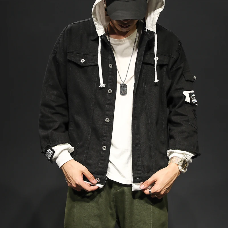 Джинсовая куртка мужская с капюшоном рваная джинсовая имитацией двух предметов