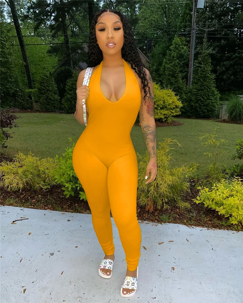 

Zoctuo Women Solid Halter Pleated Jumpsuit Sexy Deep V Neck Sleeveless Backless Fashion Romper Club Overalls Jumpsuits