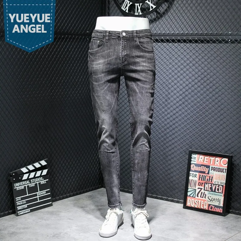 

Мужские винтажные джинсы с карманами, серые повседневные облегающие брюки-карандаш из потертого денима, модель сезона осень 2021 года