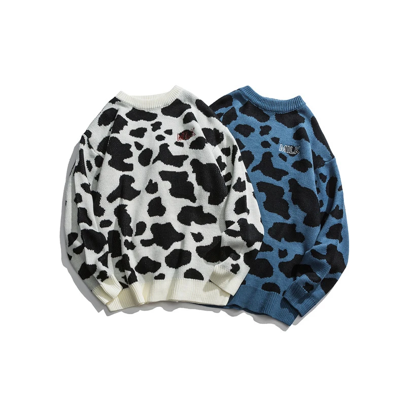 Японский Харадзюку вязаный свитер с вышивкой корова молока для мужчин и женщин