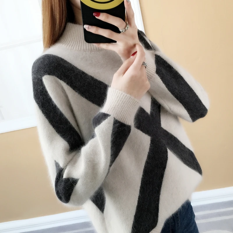 

2020 autumn and winter striped jacquard sweater blouses, women's loose sleeves, long sleeves, bottoming and thickening sweaters.
