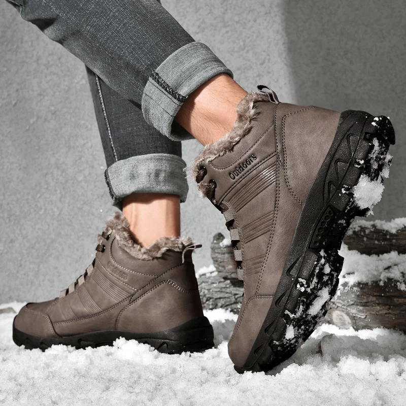 

Genuine Leather Outdoor Waterproof Snow Boot Non-slip Men Sneakers Wear-resistant Men Hiking Shoes Plus Fleece Warm Cotton Boots