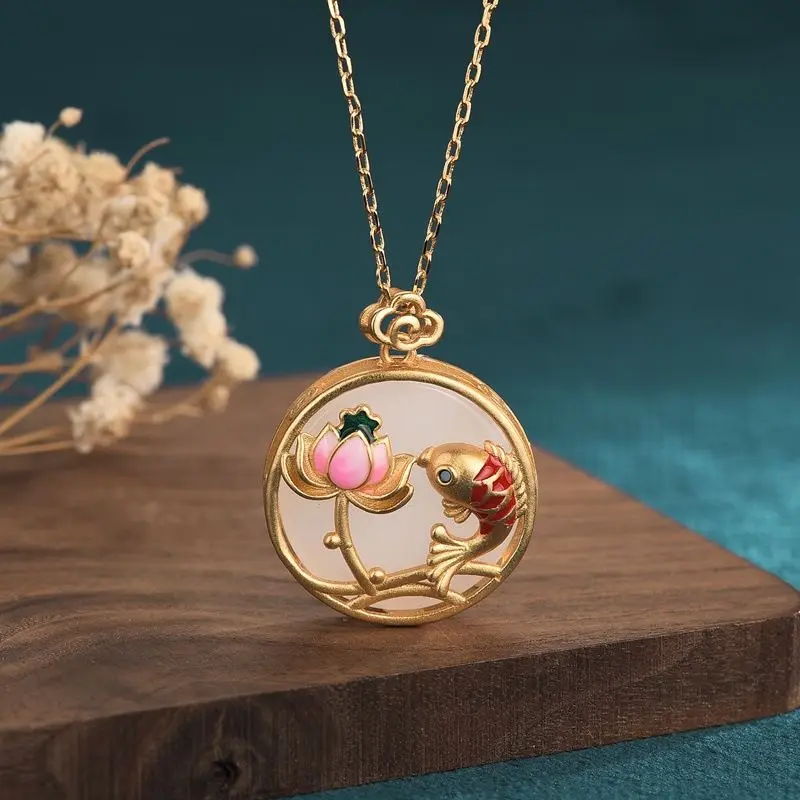 

Emerald Necklace Women's Neck Chokers 2021 Vintage Jewelry on The Neck Chinese Lucky Carp Lotus Flower Pendant Jewelry Gift