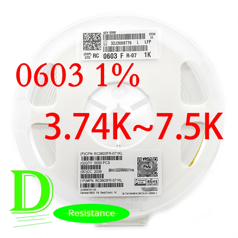 

Резистор серии RC 0603, 1%, RC0603FR-07, 3,74, 7,5 K-3,3 K, все резисторы 3,6 K, 3,9 K, 4,3 K, 4,7 K, 5,1 K, 5,6 K, 6,2 K