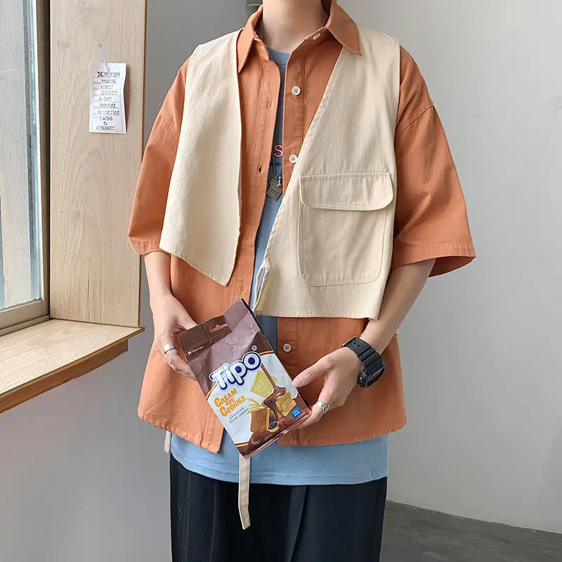 

Fake Two-piece Shirt Men's Fashion Solid Color Cotton Casual Tooling Shirt Men Streetwear Loose Short-sleeved Shirt Summer