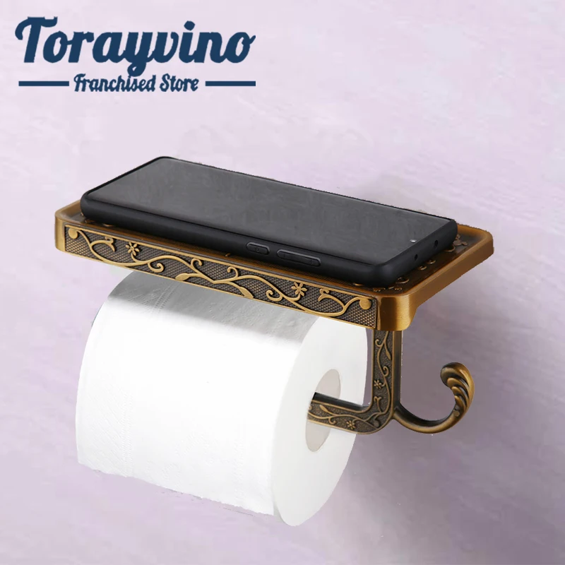 

bathroom zinc alloy Toilet paper & phone holder porta papel higienico antique brass art pattern Toilet paper holders wall mount