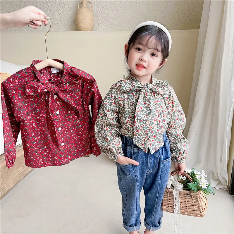 

2021 spring and autumn new Korean girl's collar tie bow knot sweet shirt girl's pastoral style floral shirt factory direct sales