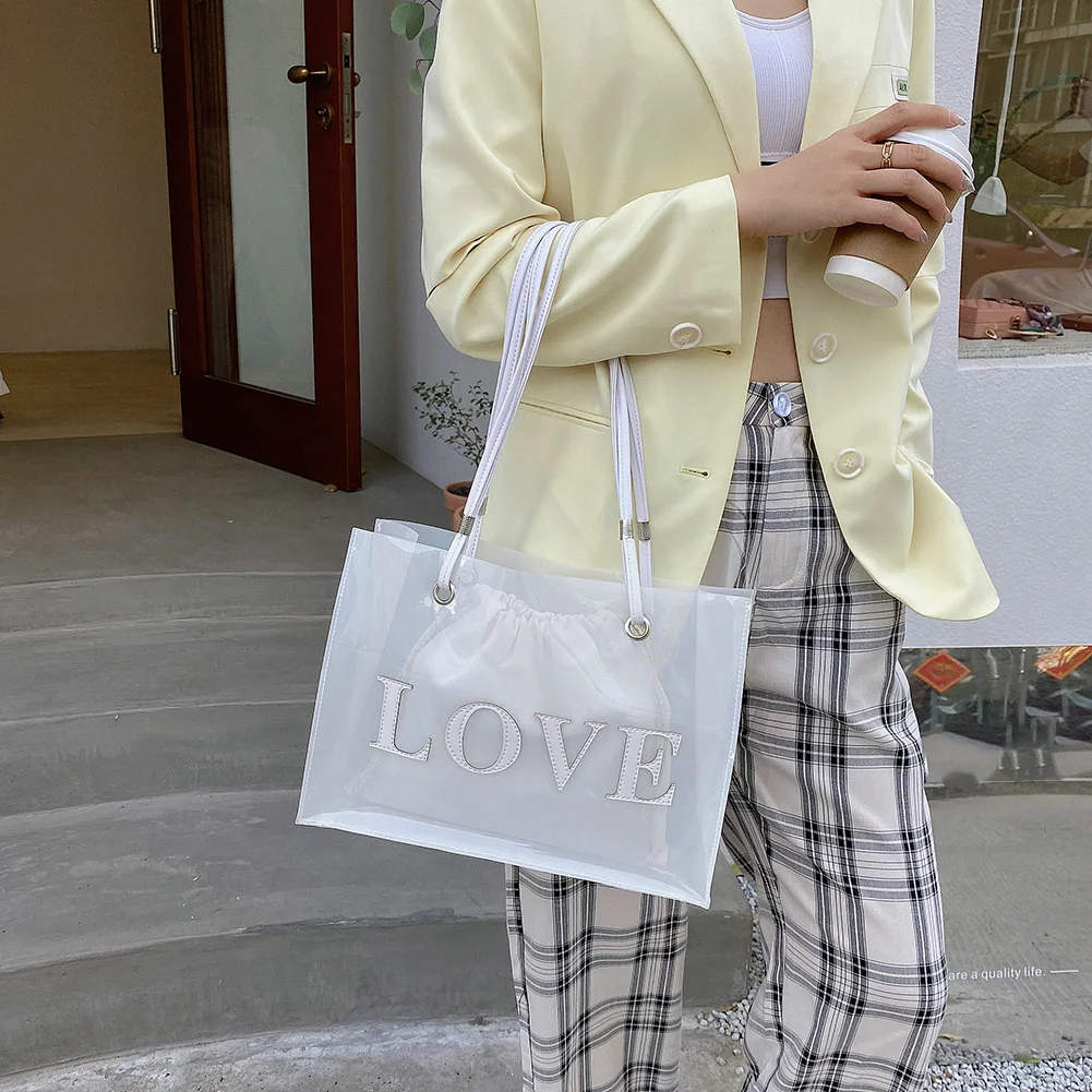 

Vintage Women Drawstring Purse Letters Shoulder Bag Transparent Composite Bags Street Shopping Simple Females Travel Tote