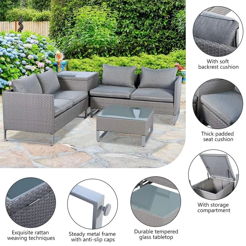 4 шт. ротанга патио диван мягкое сиденье серый сад плетеные наборы Погодостойкая