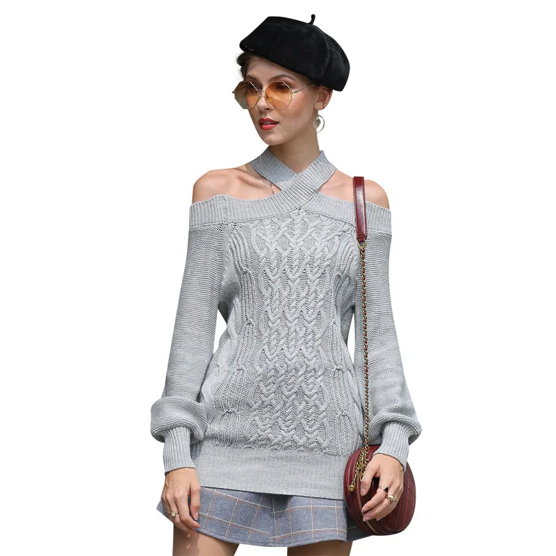 

European And American Women's One Line Collar Sexy knitted Dress Slim Fitting Lantern Sleeve Medium Length Sweater