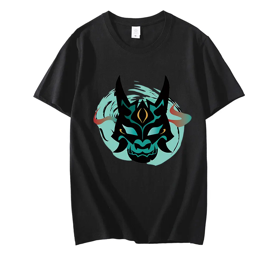 

Hot Game Graphic Tees Funny Genshin Impact Xiao Mask Fangs T Shirt Unisex Summer Tops Harajuku Cartoon T-Shirt