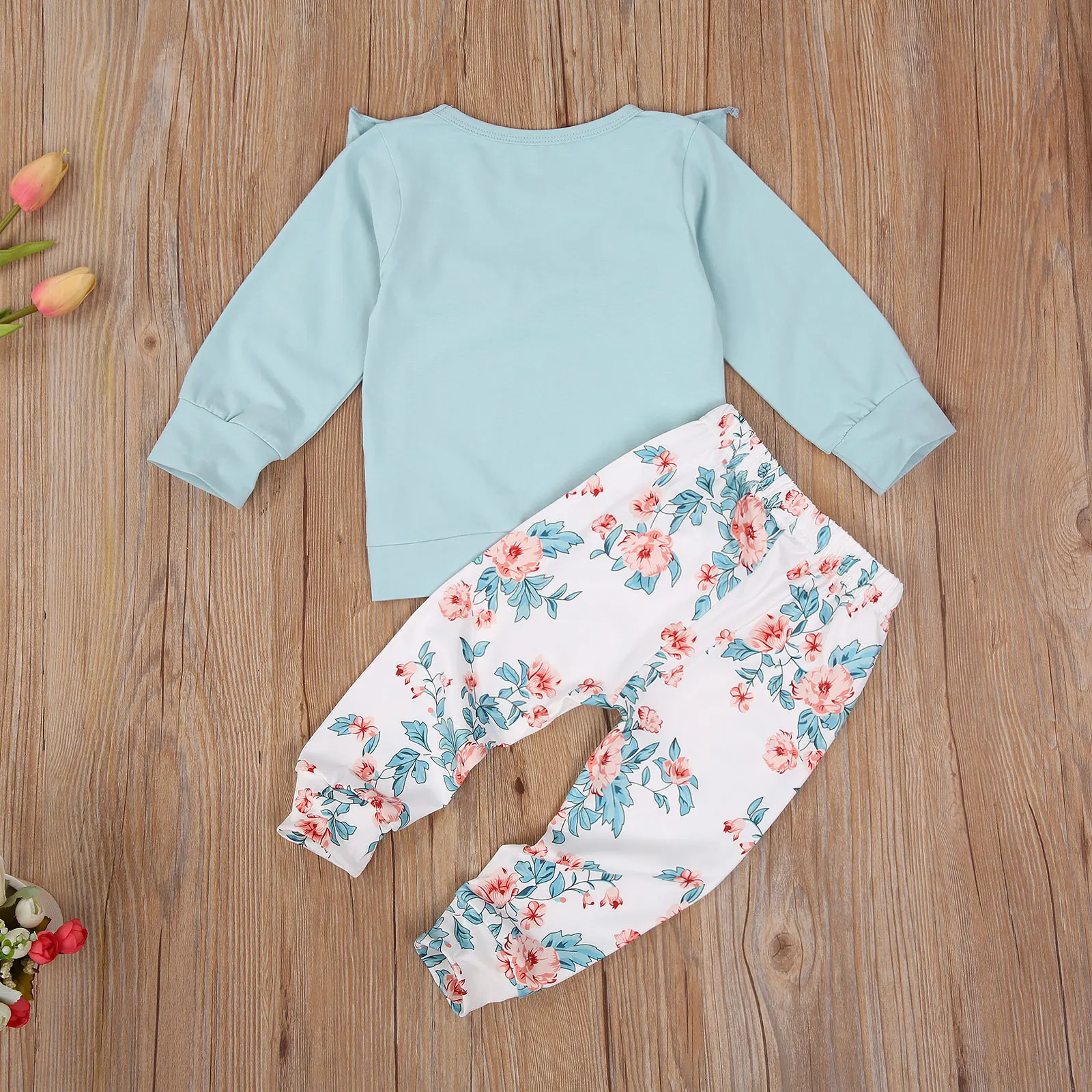 

2 Pcs Infant Casual Girls Outfits Long Sleeve Solid Round Neck Ruffle Pullover + Floral Trousers Toddler Autumn Spring Set 1-6Y