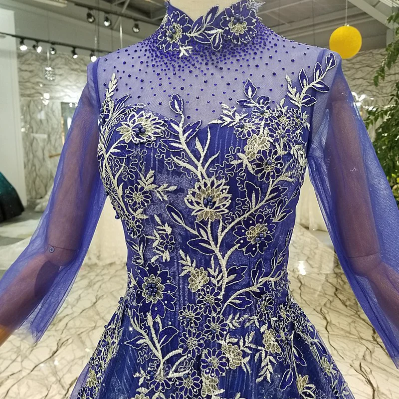 LS921450 дешевые синие платья для матери невесты с высоким воротом женщин