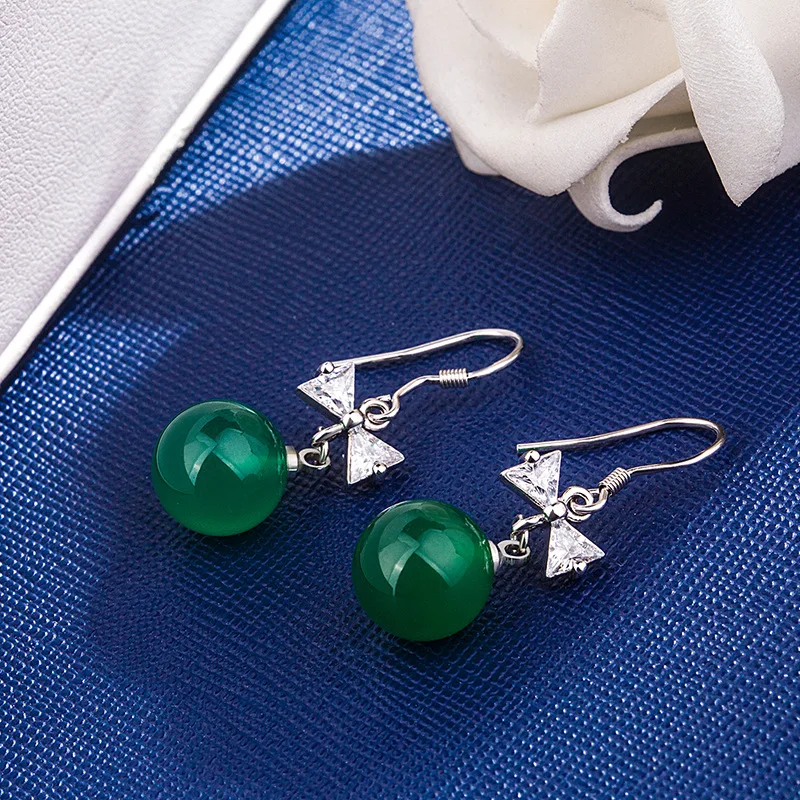 Женские серьги из серебра 925 пробы с изумрудом и нефритом|Серьги-подвески| |
