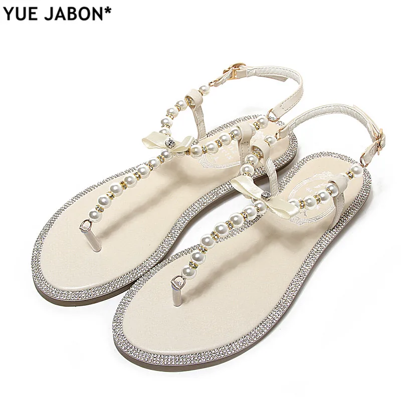 

2021 New Summer Shoes Women Sandals Flat Pearl Sandals Comfortable String Bead Beach Slippers Casual sandalia Black White Pink