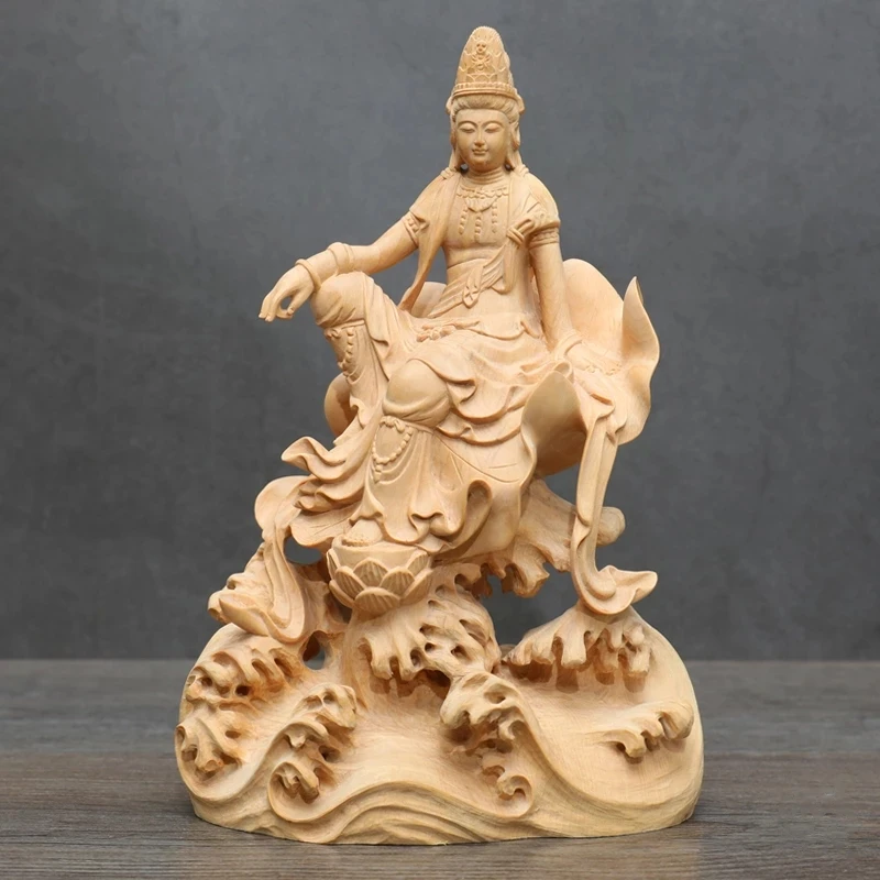 

Sitting Buddha Guanyin Bodhisattva Statue Ornaments Gold Sitting Lotus Guanyin Worship Peaceful Boxwood Sculpture Home Decor