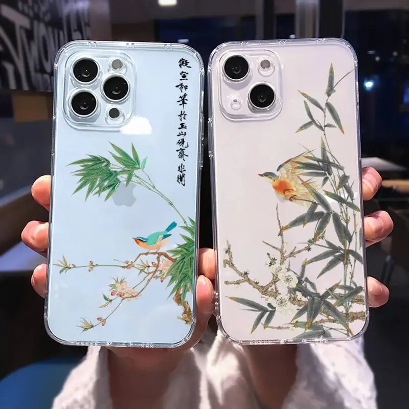 

Bamboo leaves Bird Chinese style Phone Case for iphone 13 12 11 pro max mini 6 6s 7 8 plus SE2020 X XR XS shell transparent case