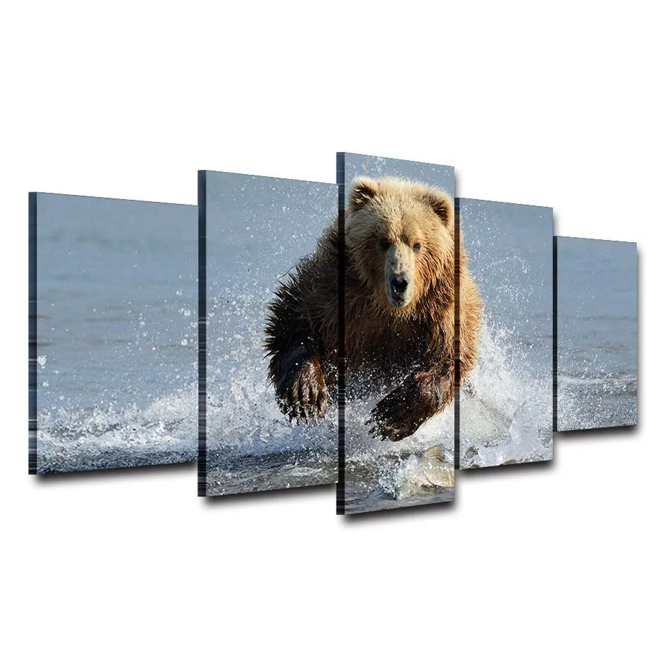 

HD Printed Wall Art Modular Poster Canvas 5 Panel Brown Bear Animal Framework Living Room Painting Home Decor