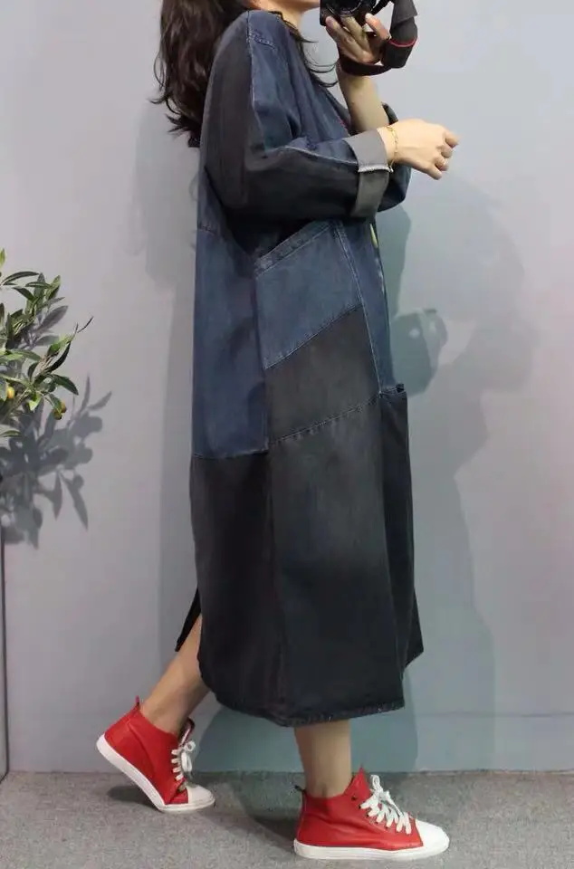 Женское джинсовое платье макси в стиле пэчворк мешковатое размера плюс